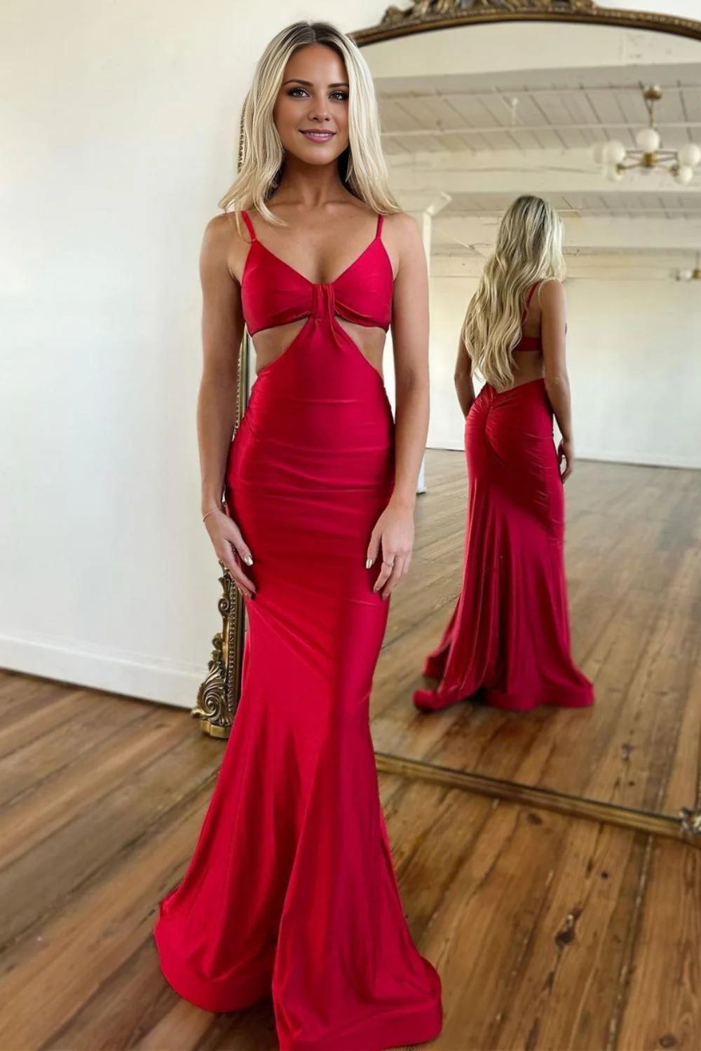 Jimiss Fashion Mermaid Thin Shoulder Strap Long Red Satin Prom Dress