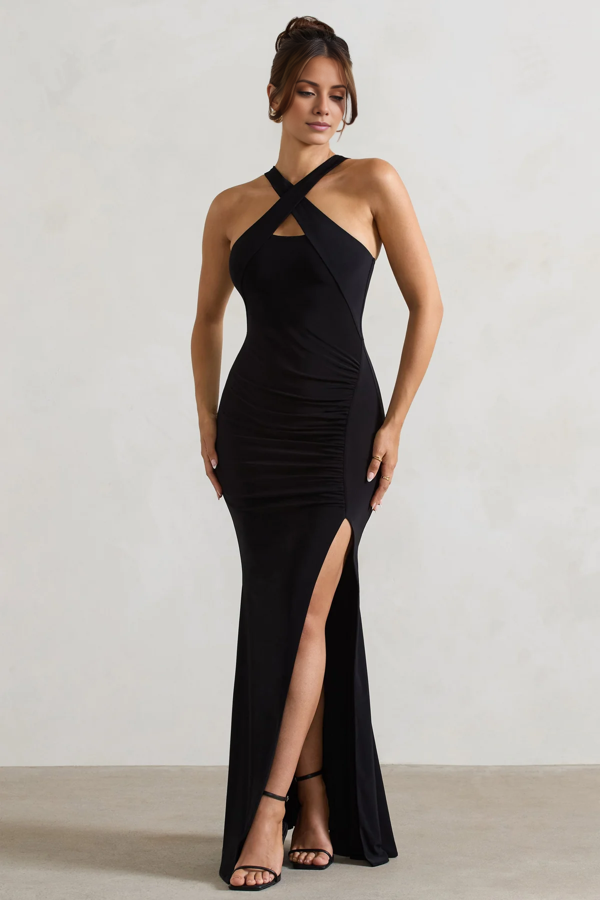 Cross neck off shoulder collar with side slit and floor length evening dress - Jimiss Dress