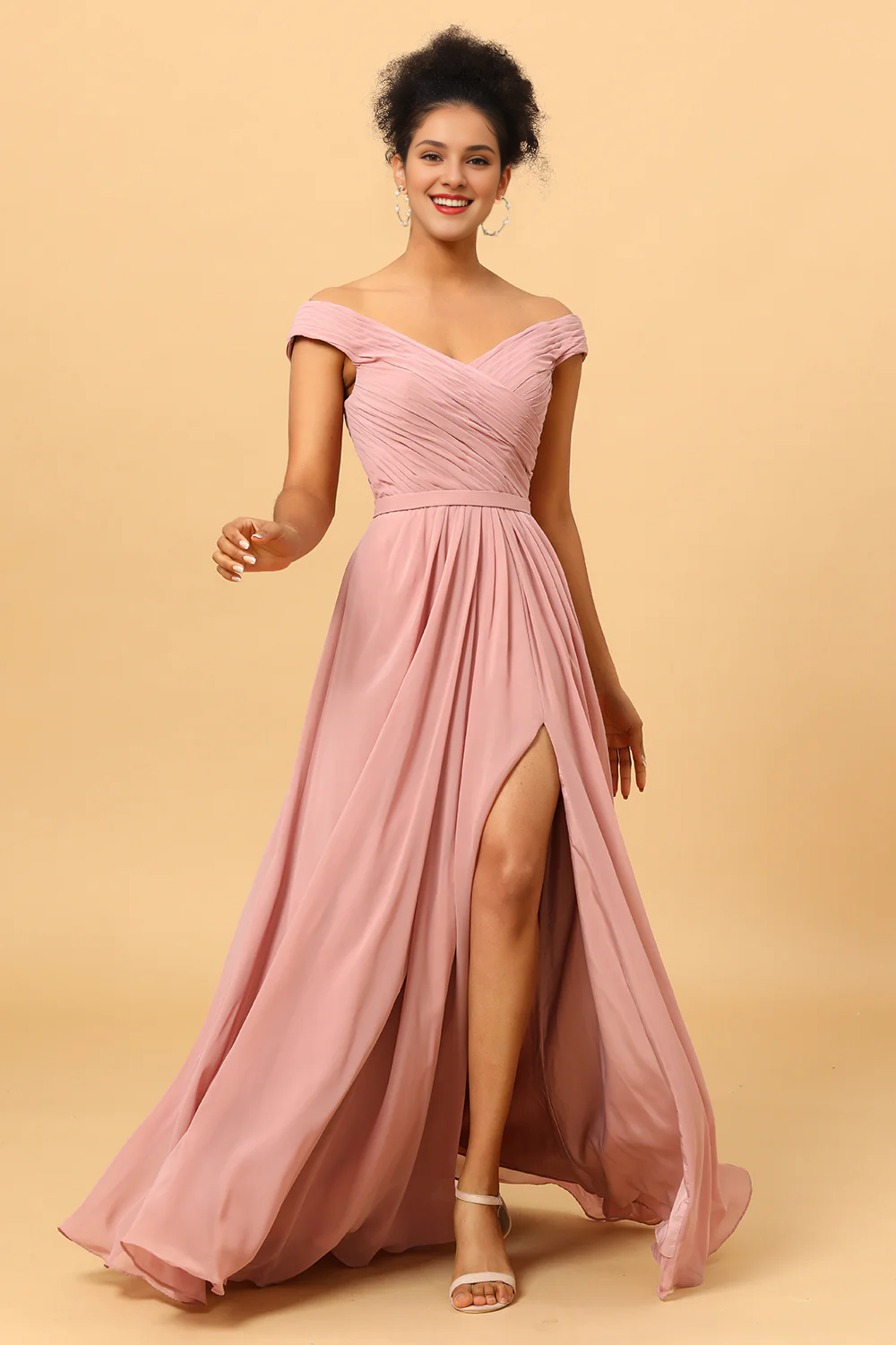 Grey rose pleated long slit chiffon bridesmaid dress