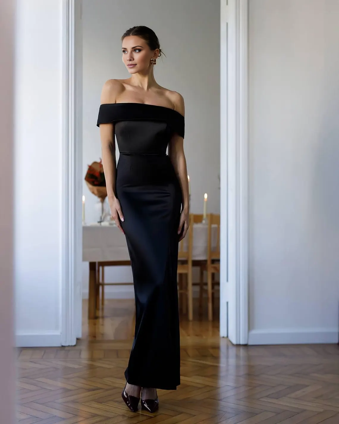 Jimiss - Off Shoulder Collar Satin Sleeveless Back and Floor length Prom Dress