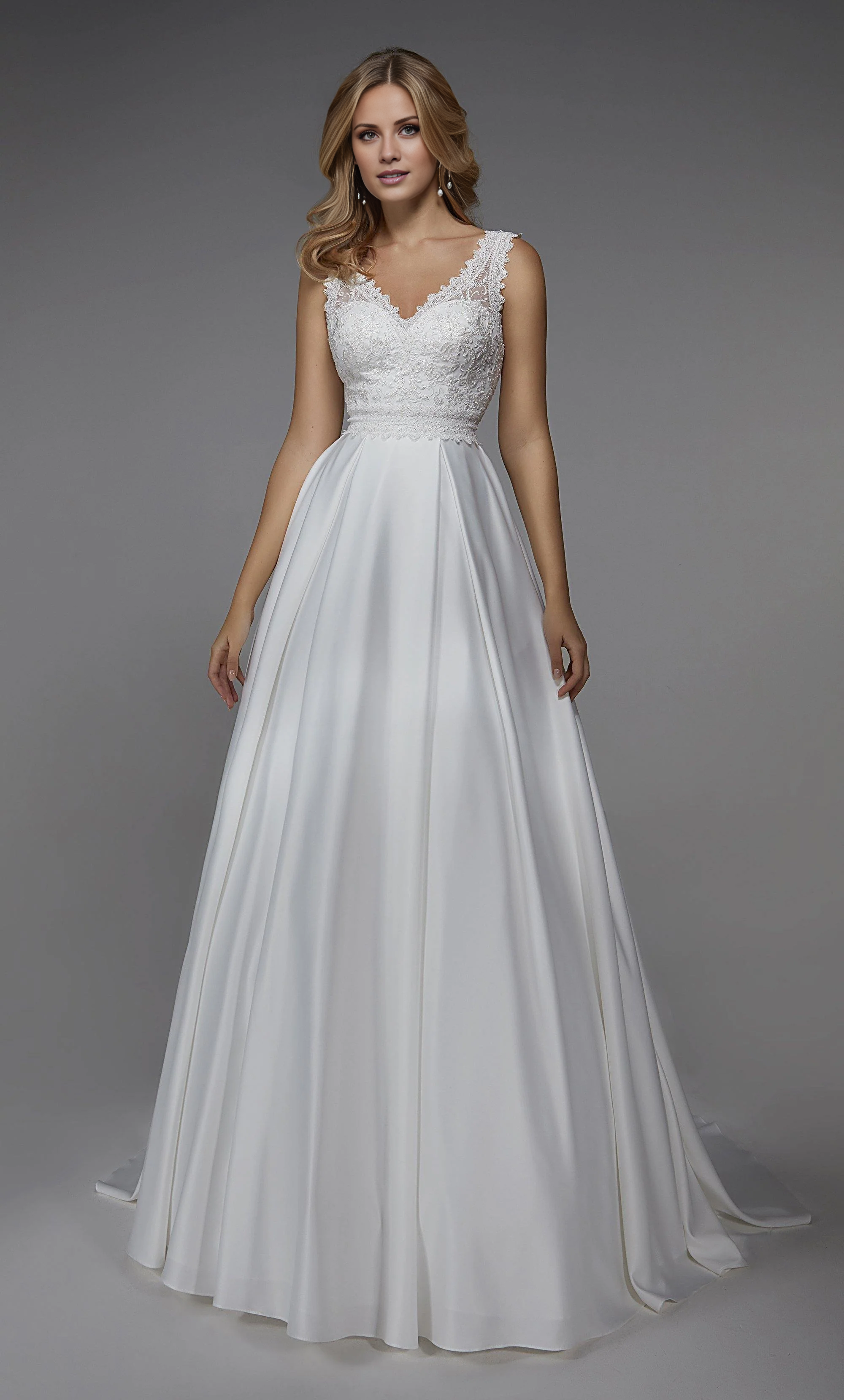 Perfect satin V-neck A-line lace tight hem and floor length wedding dresses
