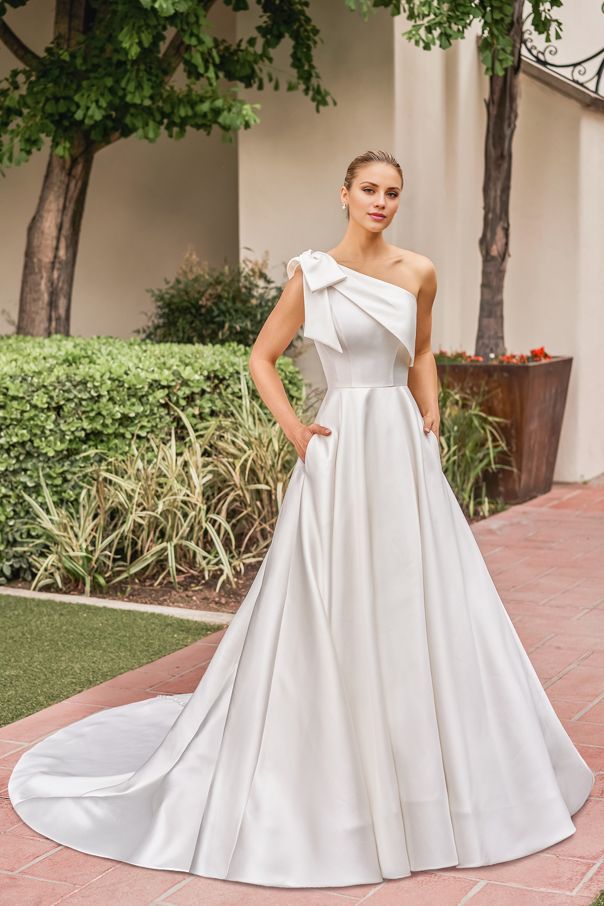 A-line shoulder asymmetrical bow tail and floor length wedding dress