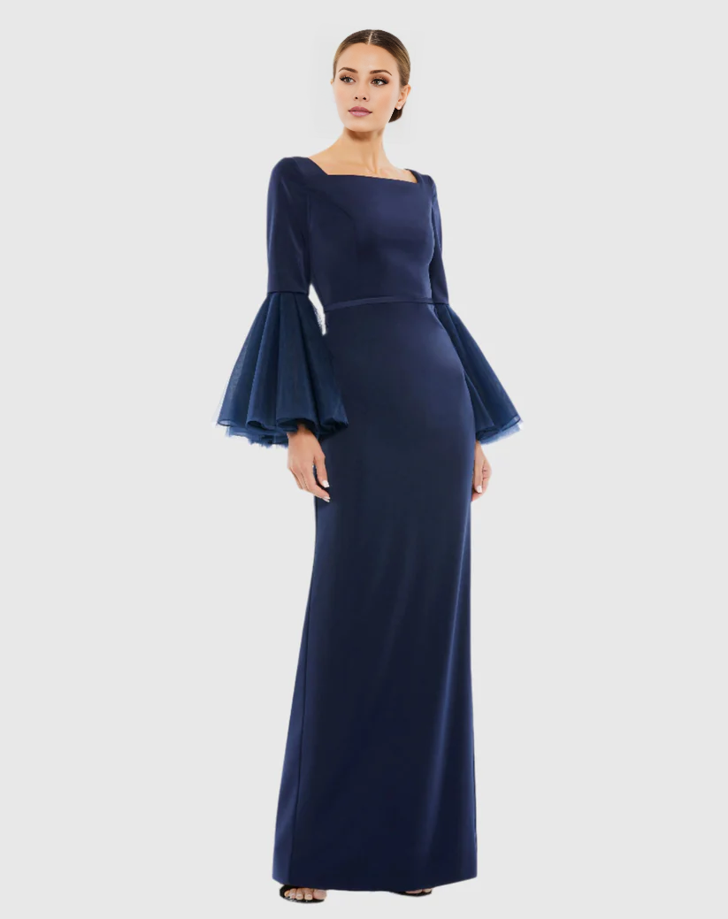 Ruffle sleeves square neck back slit floor length evening dress
