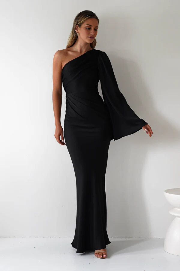 Single sleeve off shoulder satin and floor length Prom Dress - Jimiss Dress