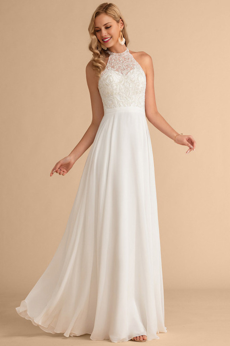 A-line high neck and sleeveless lace chiffon wedding dress