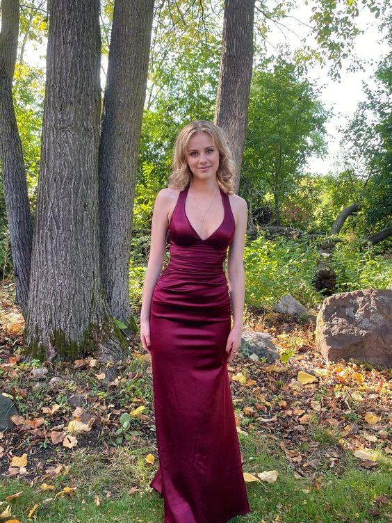 Jimiss Simple Wine Red V-neck Long Party Dress Formal Prom Dress