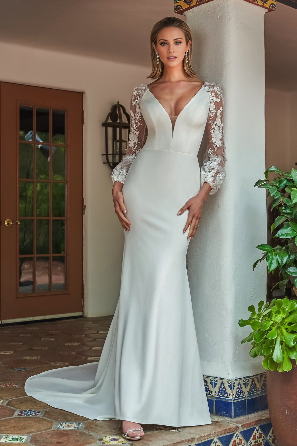 Deep V-neck 3D embroidered floral lace and floor length wedding dress