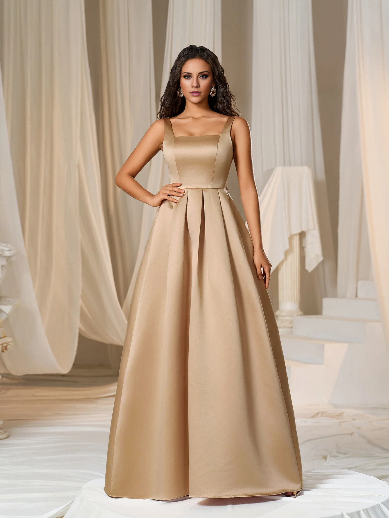 A-line square collar with back tie satin and floor length formal dress