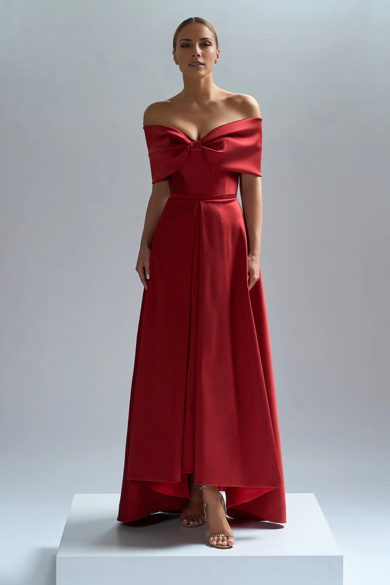 Off shoulder satin tight corset, backless and floor length evening gown