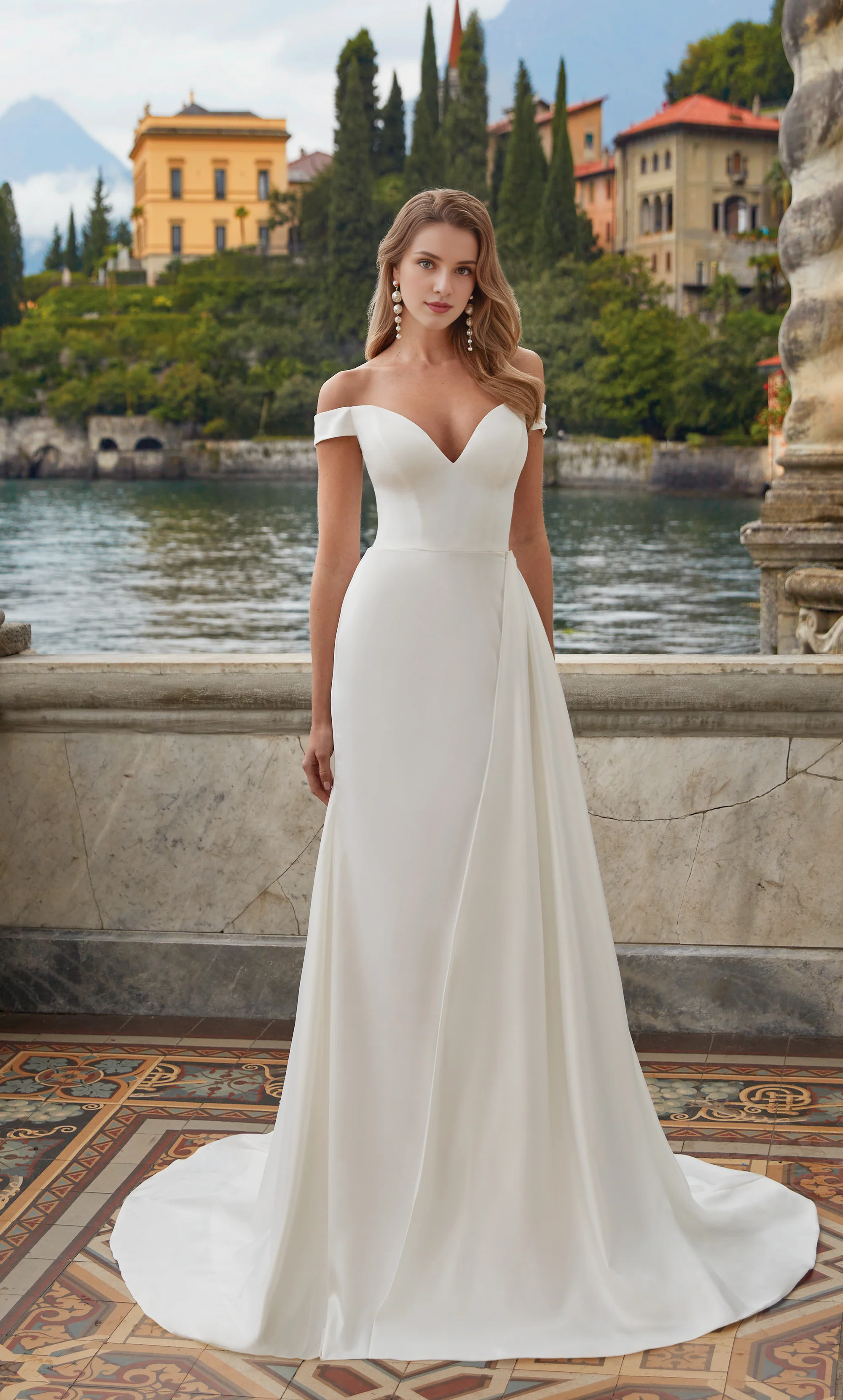 Chiffon satin off shoulder slim fit trumpet shaped satin button wedding dresses