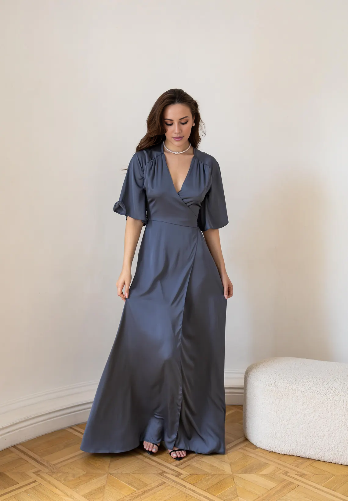 Jimiss deep V-neck short sleeved satin slit and floor length Prom dress