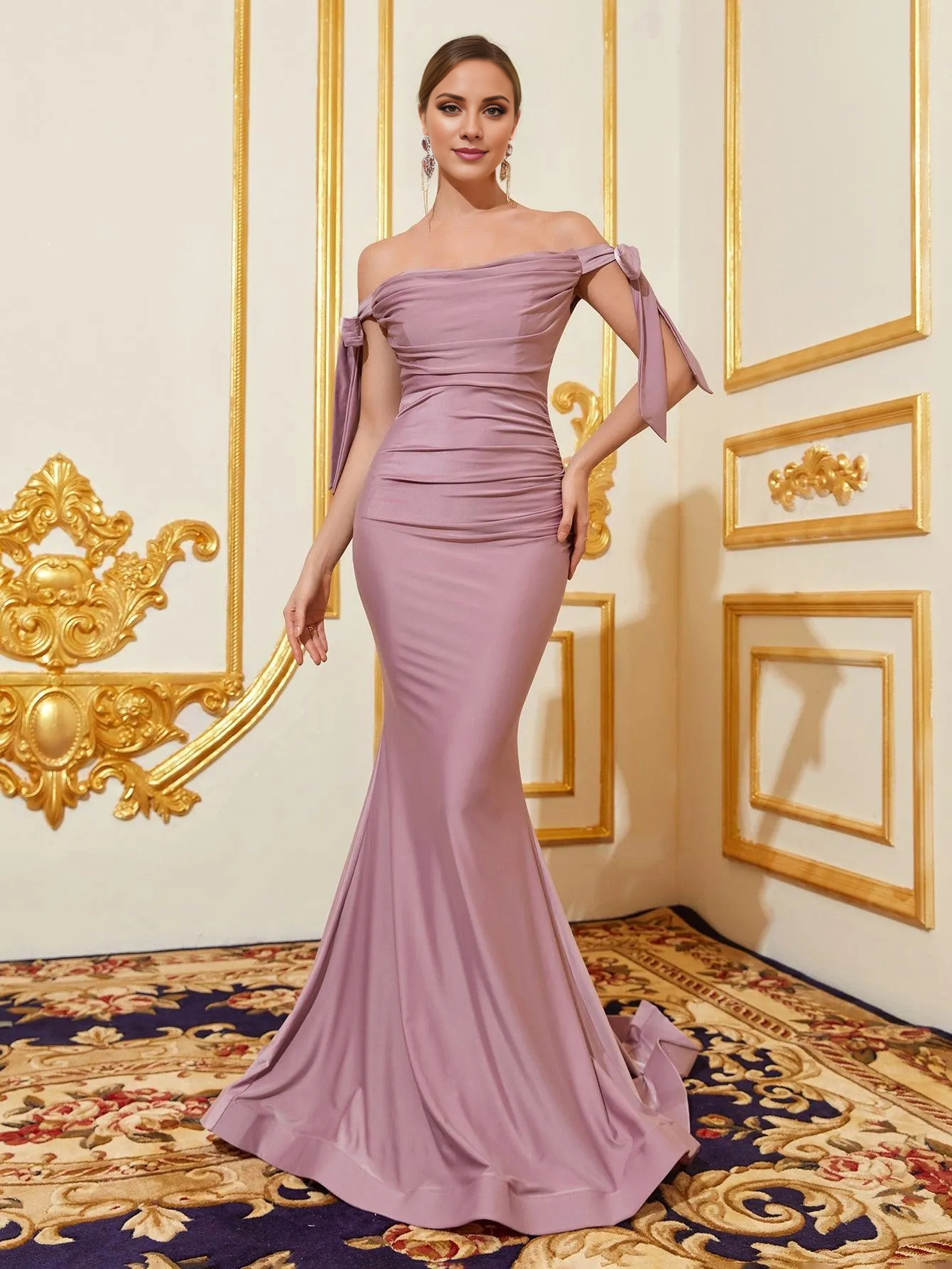 Mermaid off shoulder knot side fold front and floor length formal dresses