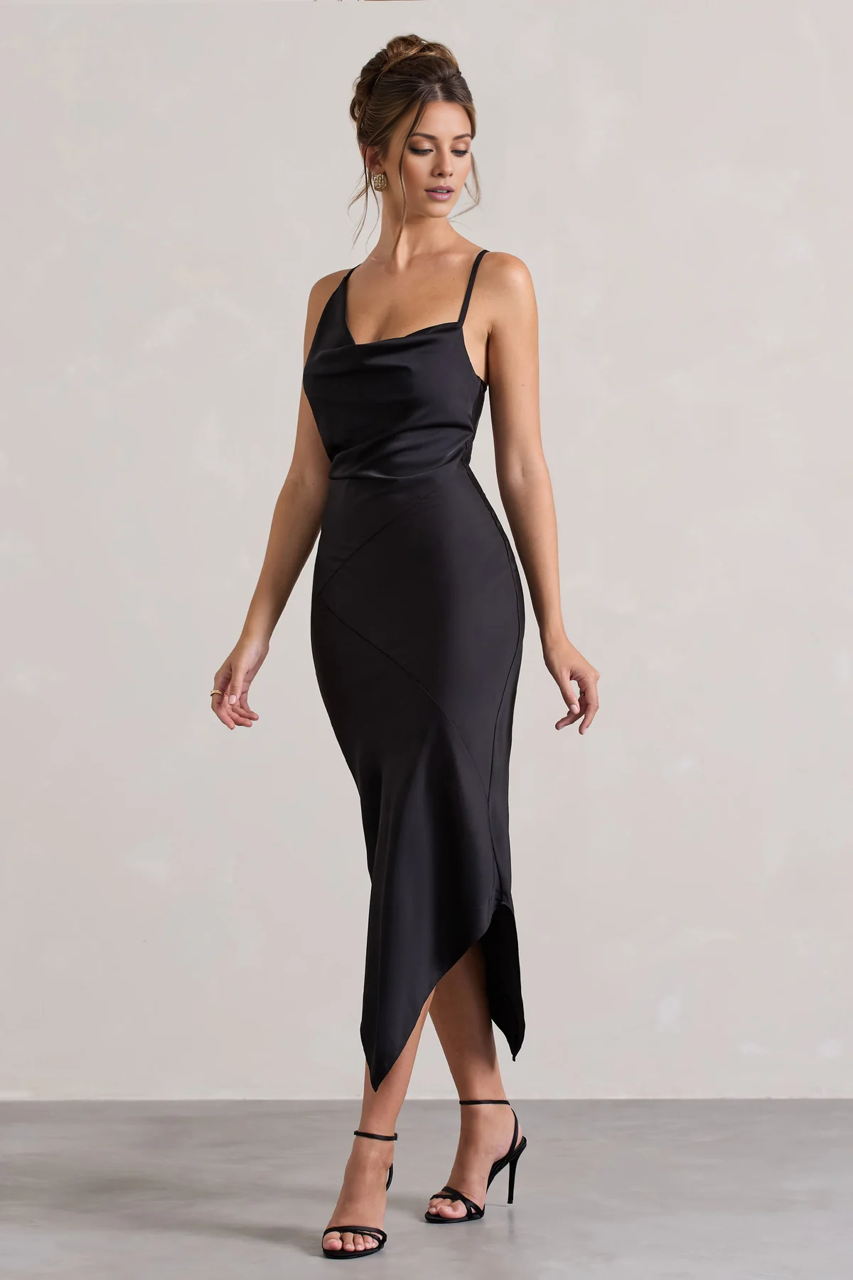 Asymmetric hanging collar backless satin mid length evening dress - Jimiss dress