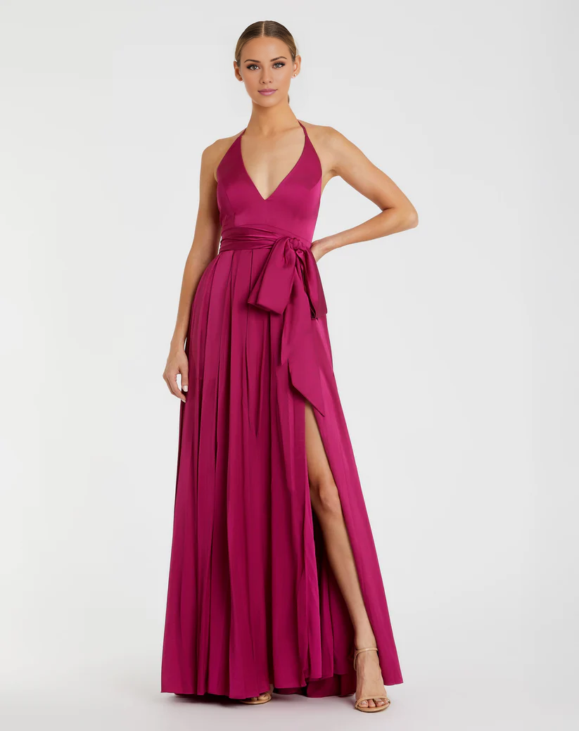 Halter neck V-neck sleeveless satin side slit floor-length evening dress