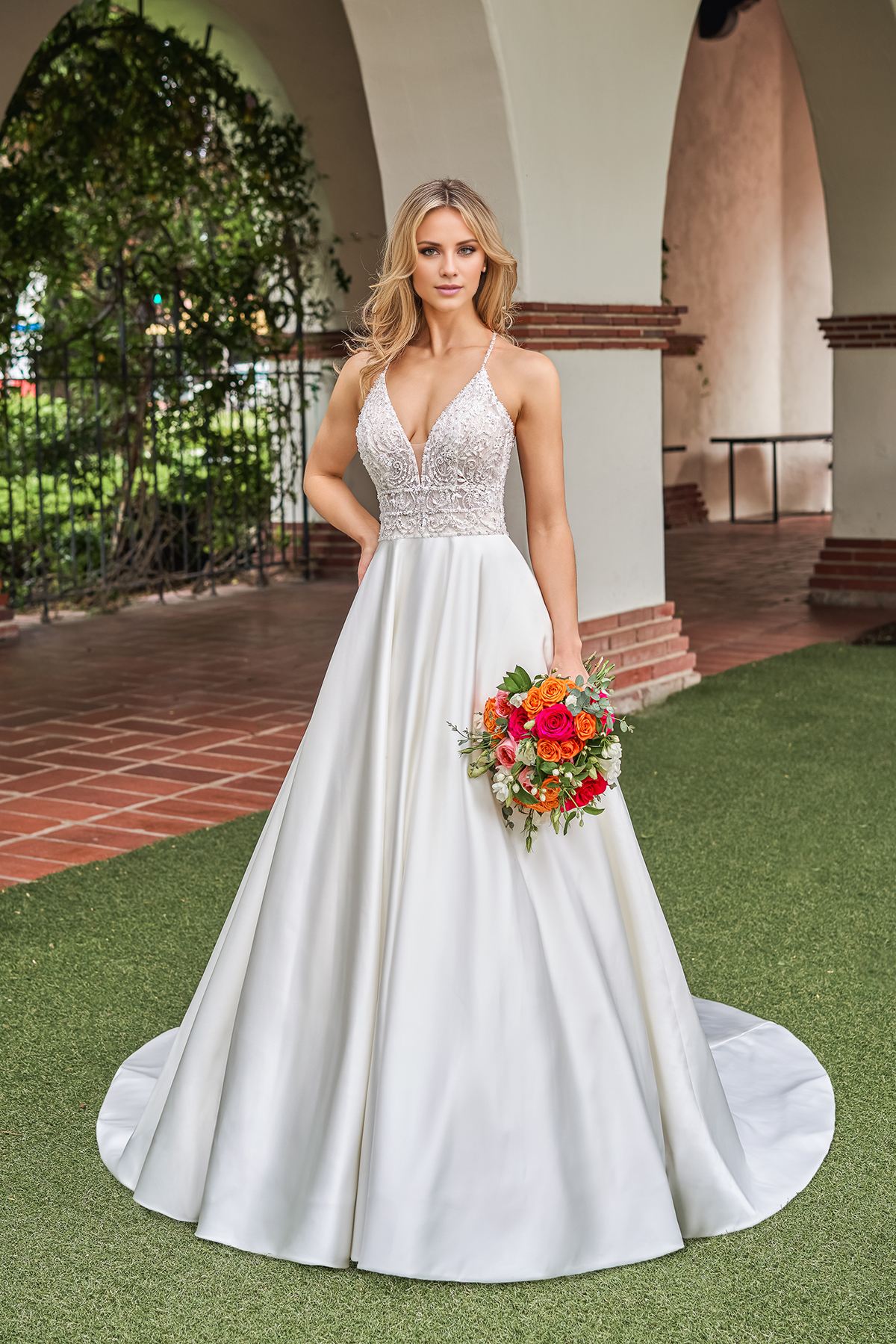 A-line satin deep V-neck beaded body and floor length wedding dress