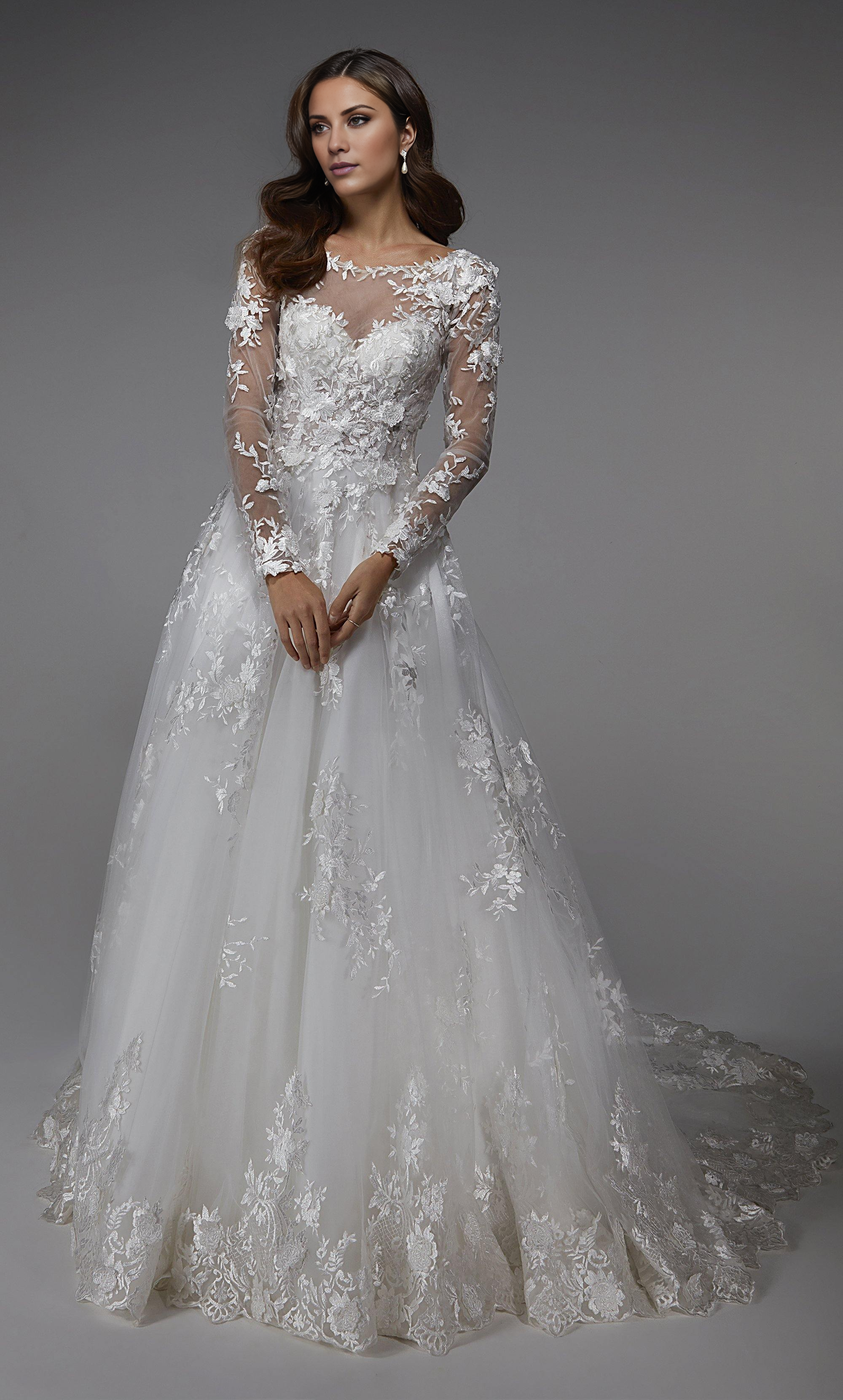 Chiffon lace illusion collar deep V illusion and floor length wedding dresses