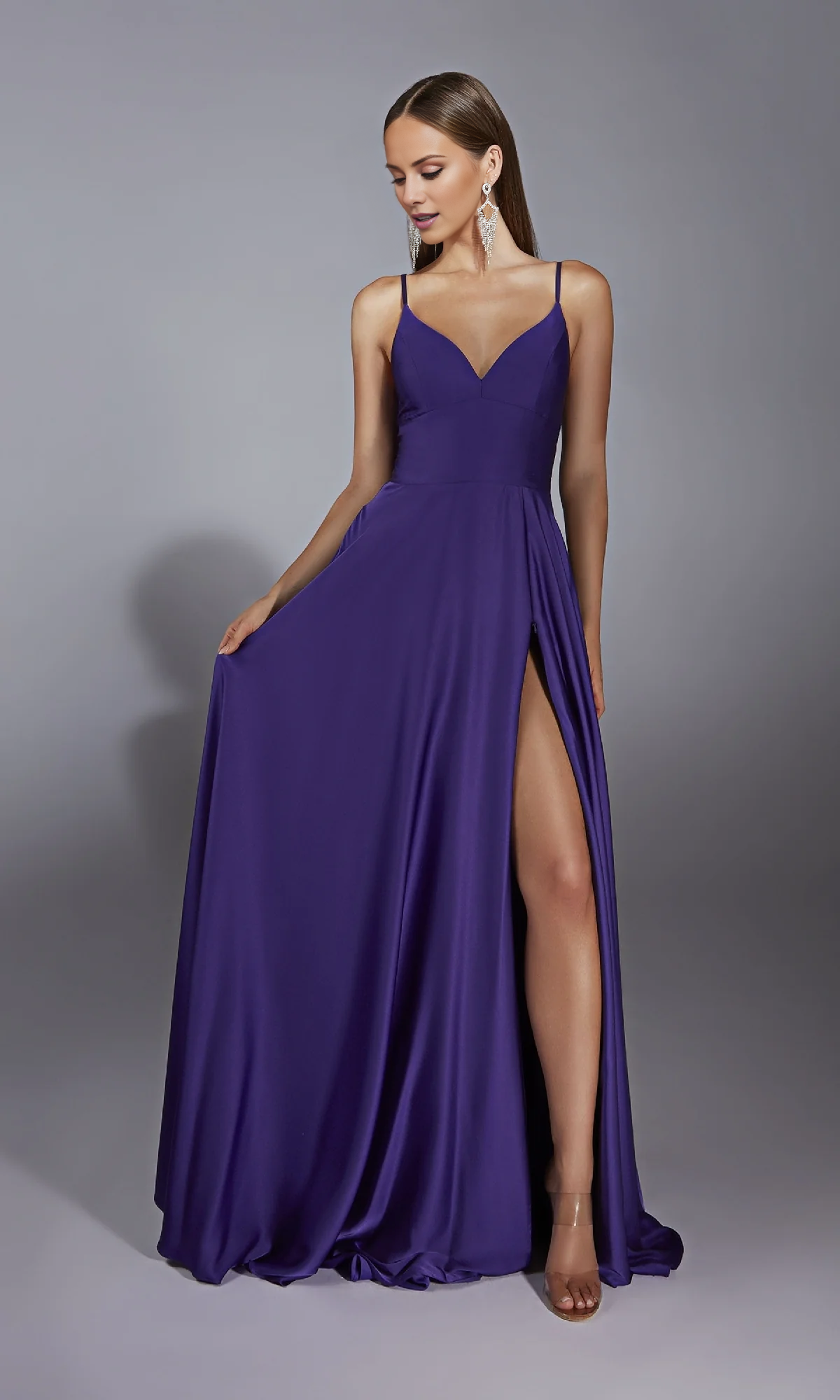 Jimiss V-neck slim shoulder strap with backless side slit and floor length evening dress