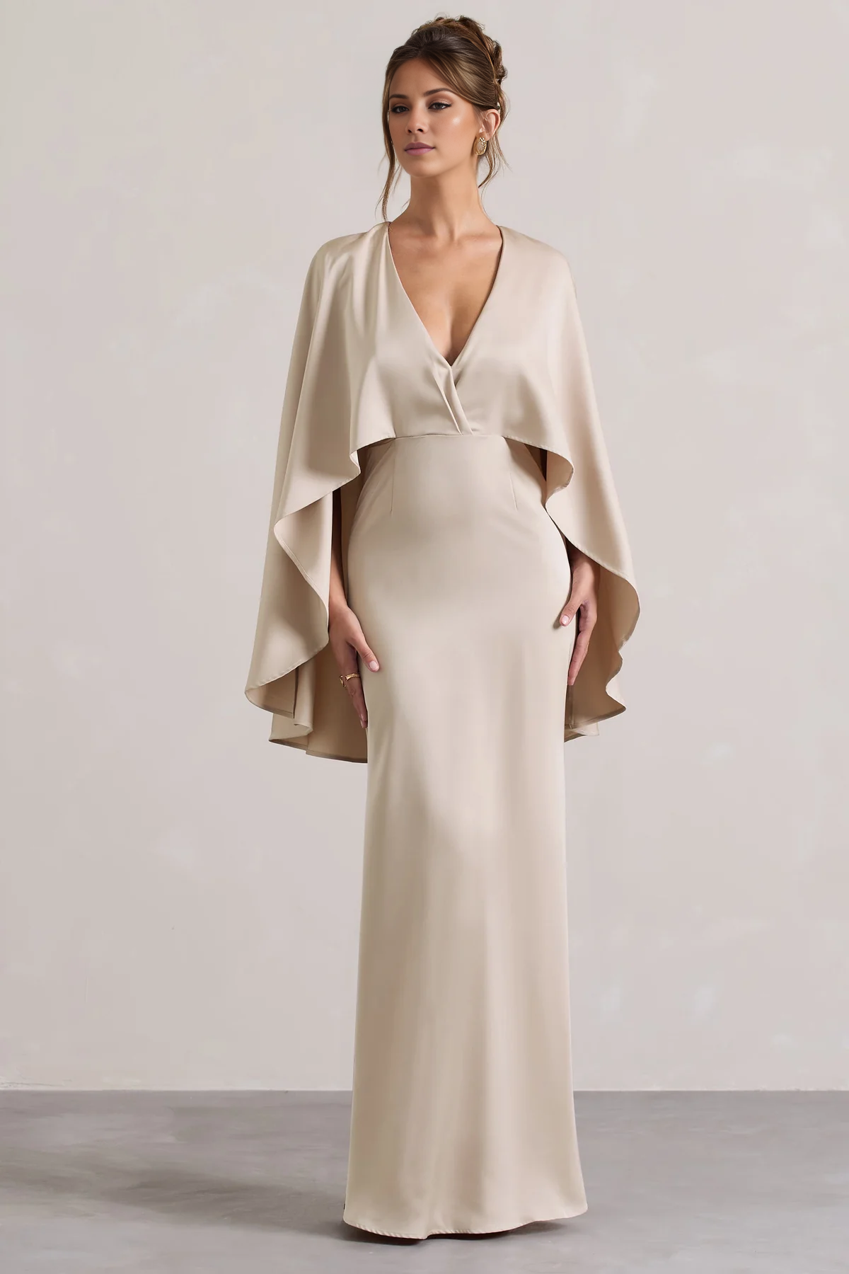 Cloak sleeves satin deep V-neck and floor length evening dress - Jimiss dress