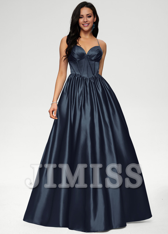 Ball-Gown/Princess V-neck pleated floor-length satin prom dress