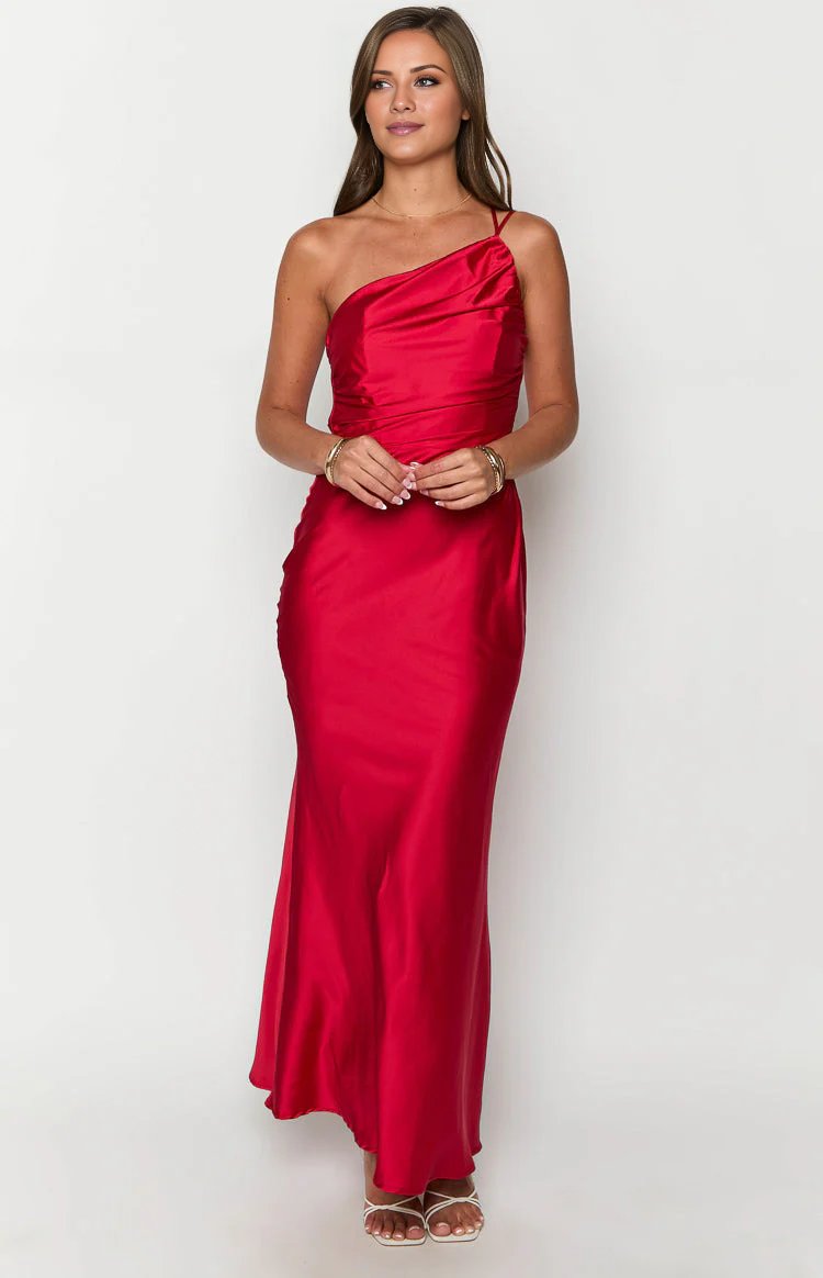 Jimiss asymmetrical neckline backless satin side slit long Prom dress
