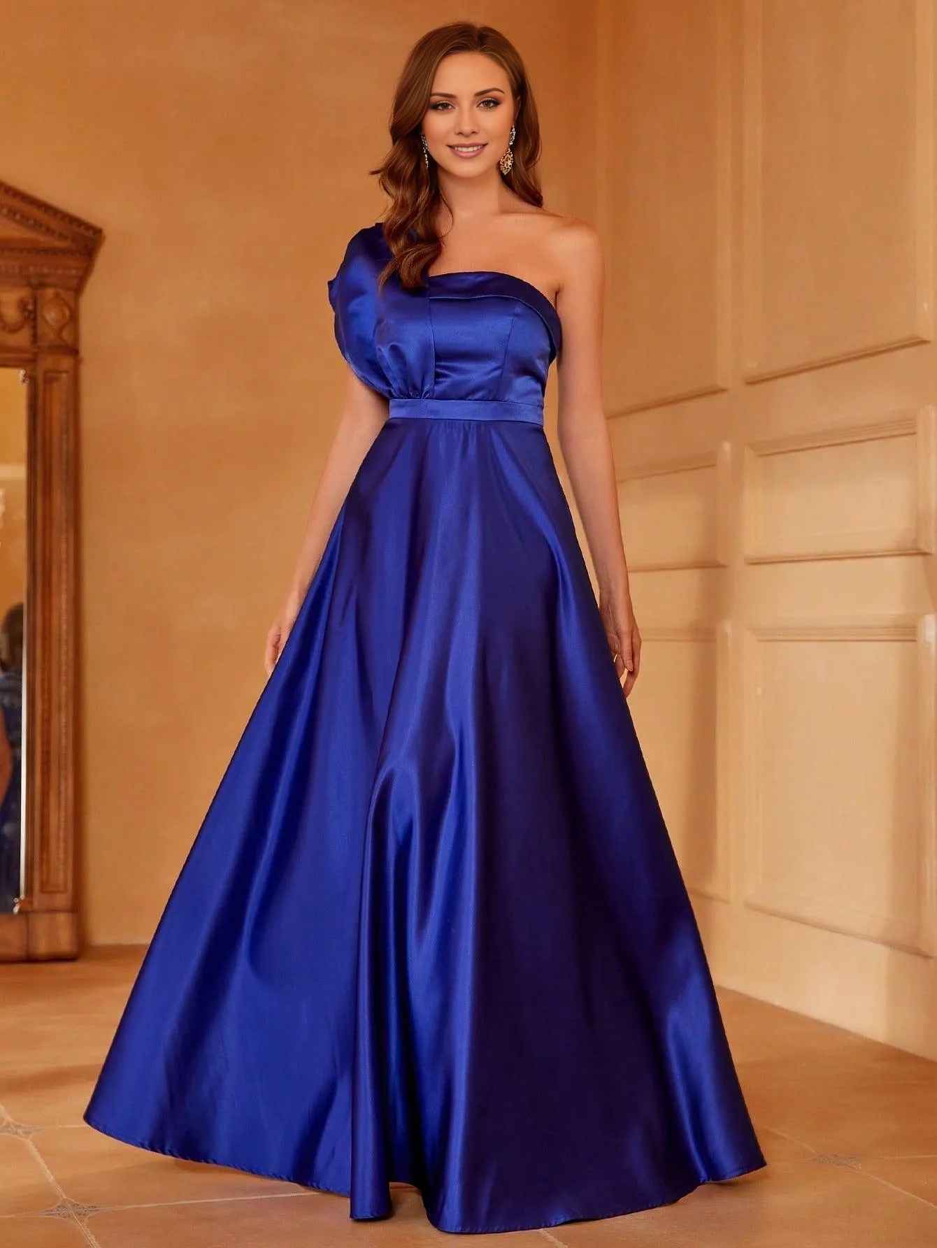 A-line shoulder sleeveless satin and floor length formal dress