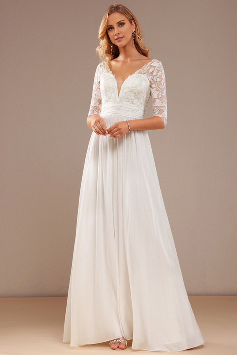 Sparkling ruffle A-line V-neck 3/4 sleeves and lace chiffon wedding dress
