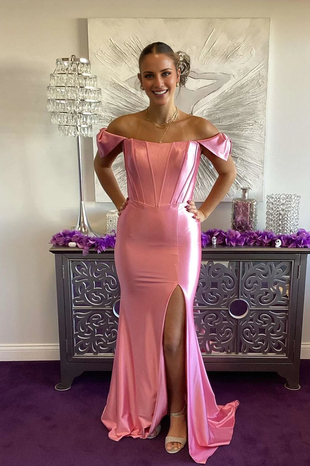 Jimiss off shoulder pink slit fish tail Prom dress