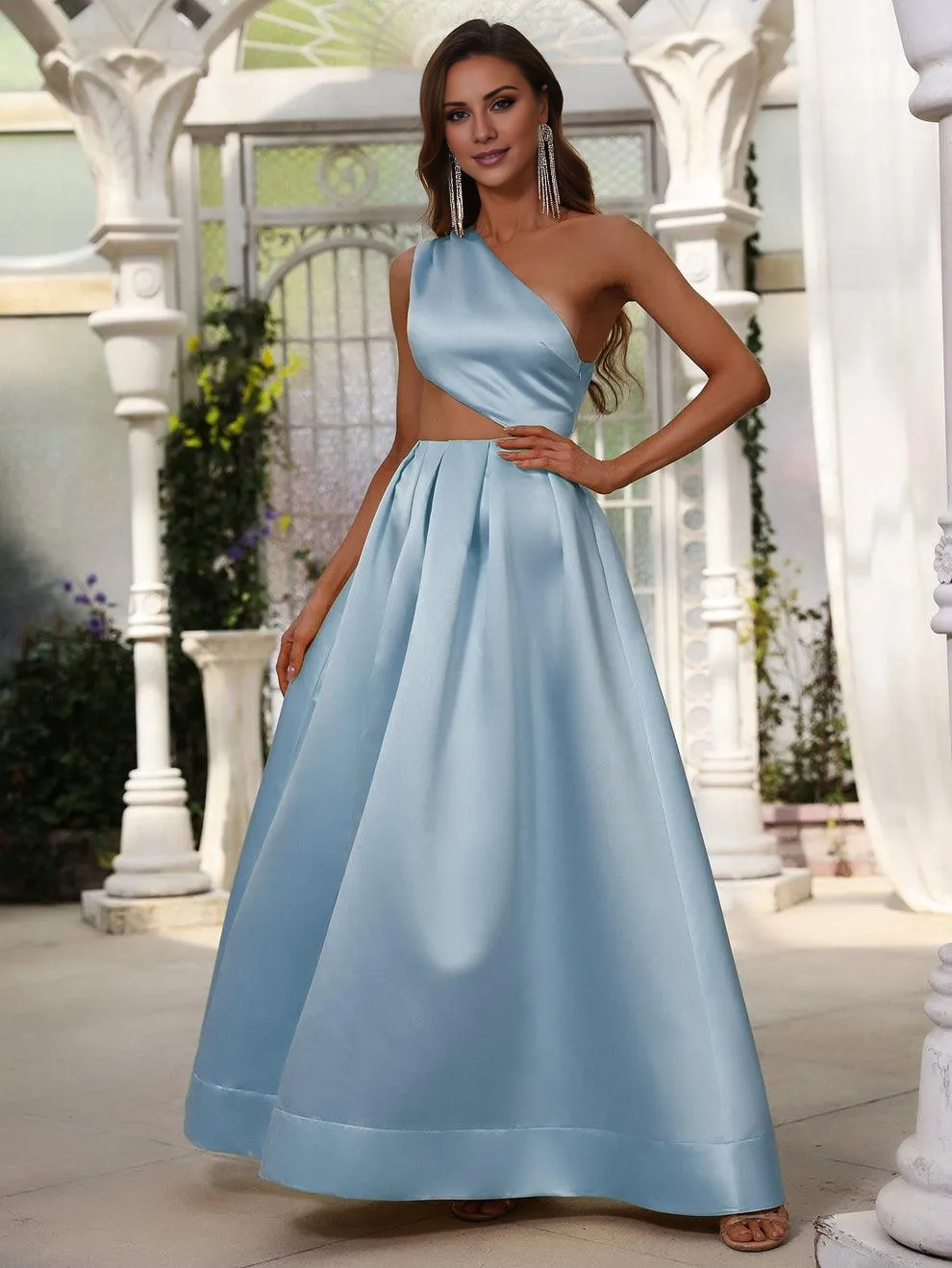 One shoulder hollow satin and floor length formal dress