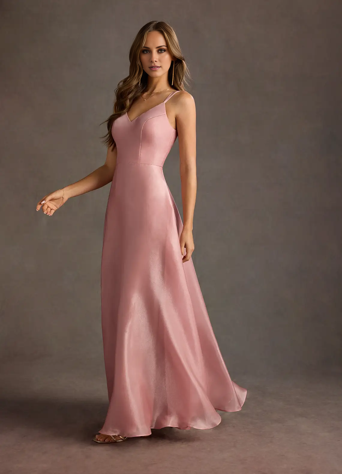 V-neck slim shoulder strap satin backless and floor length evening dress