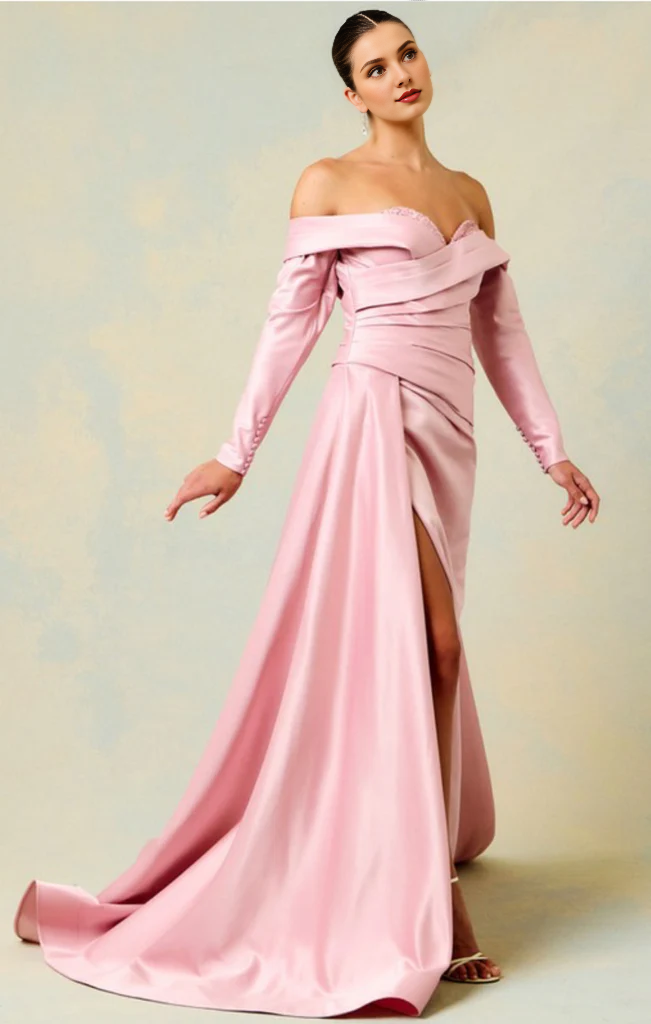 Off shoulder sweetheart neckline with hanging side slits for evening gowns