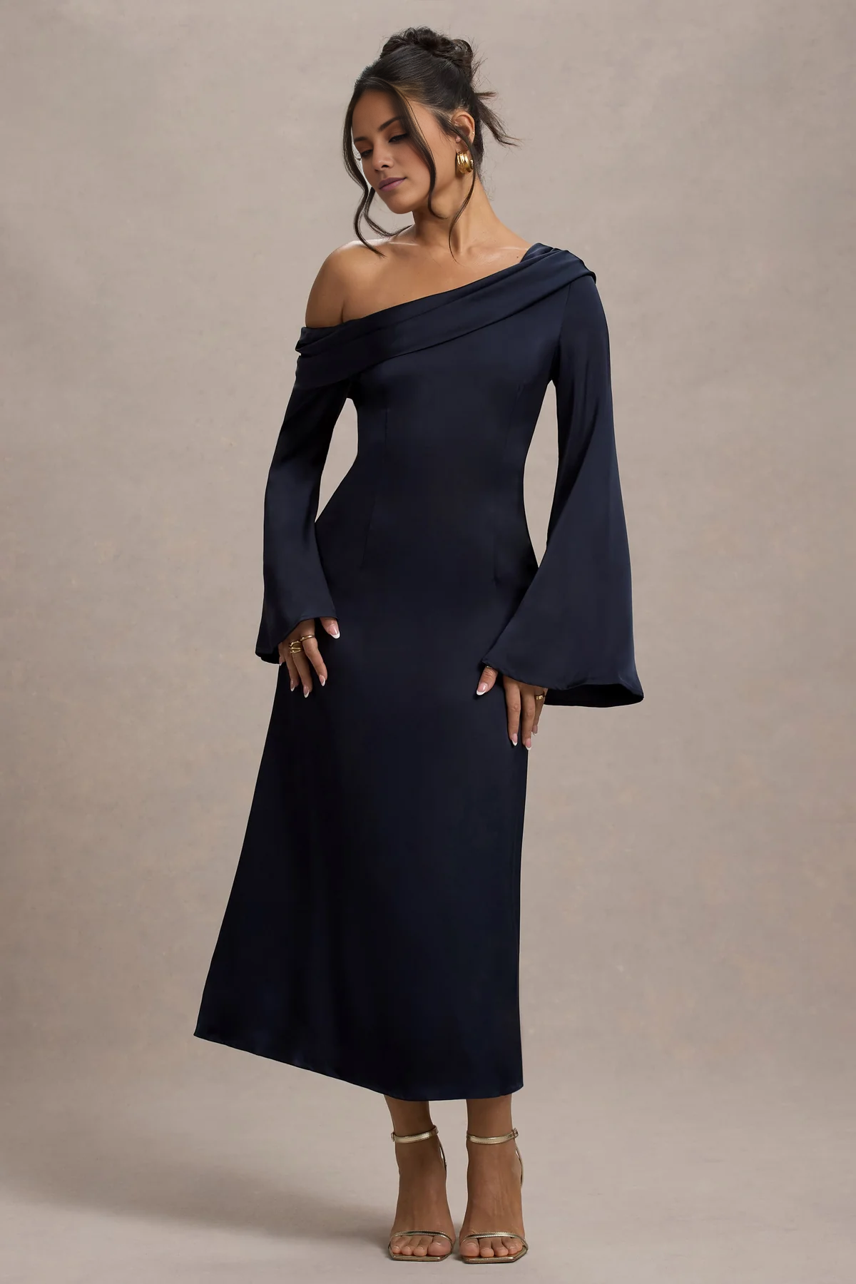 Satin asymmetrical flared sleeves and floor length evening dress - Jimiss dress