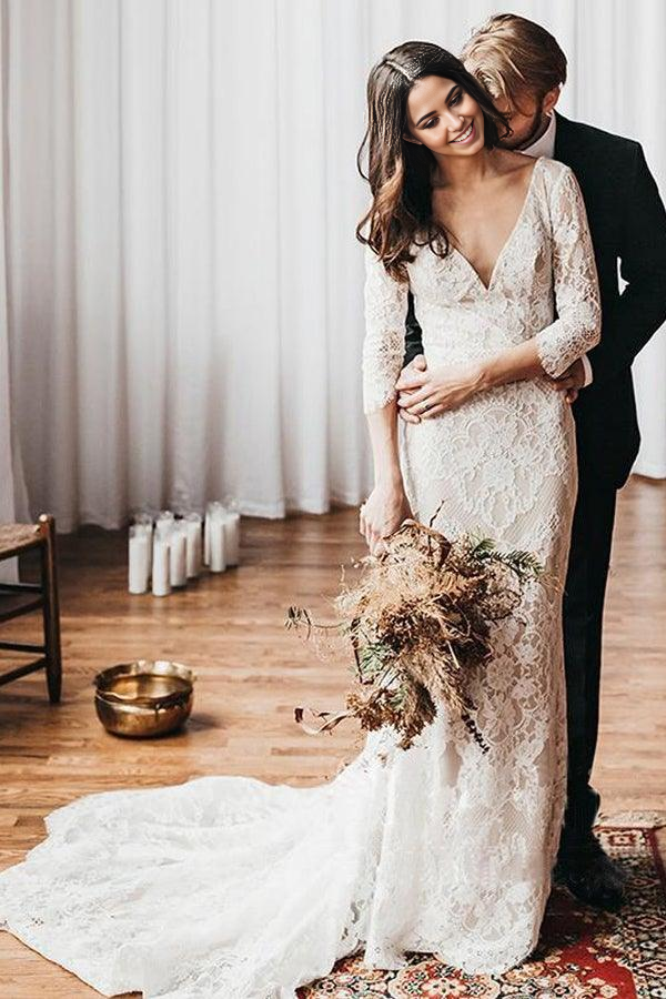 Boho Mermaid Lace V Neck Wedding Dresses With Court train