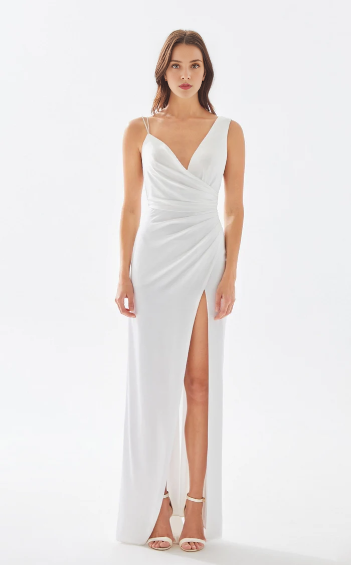 V-neck asymmetrical shoulder strap wrap and floor length evening dress
