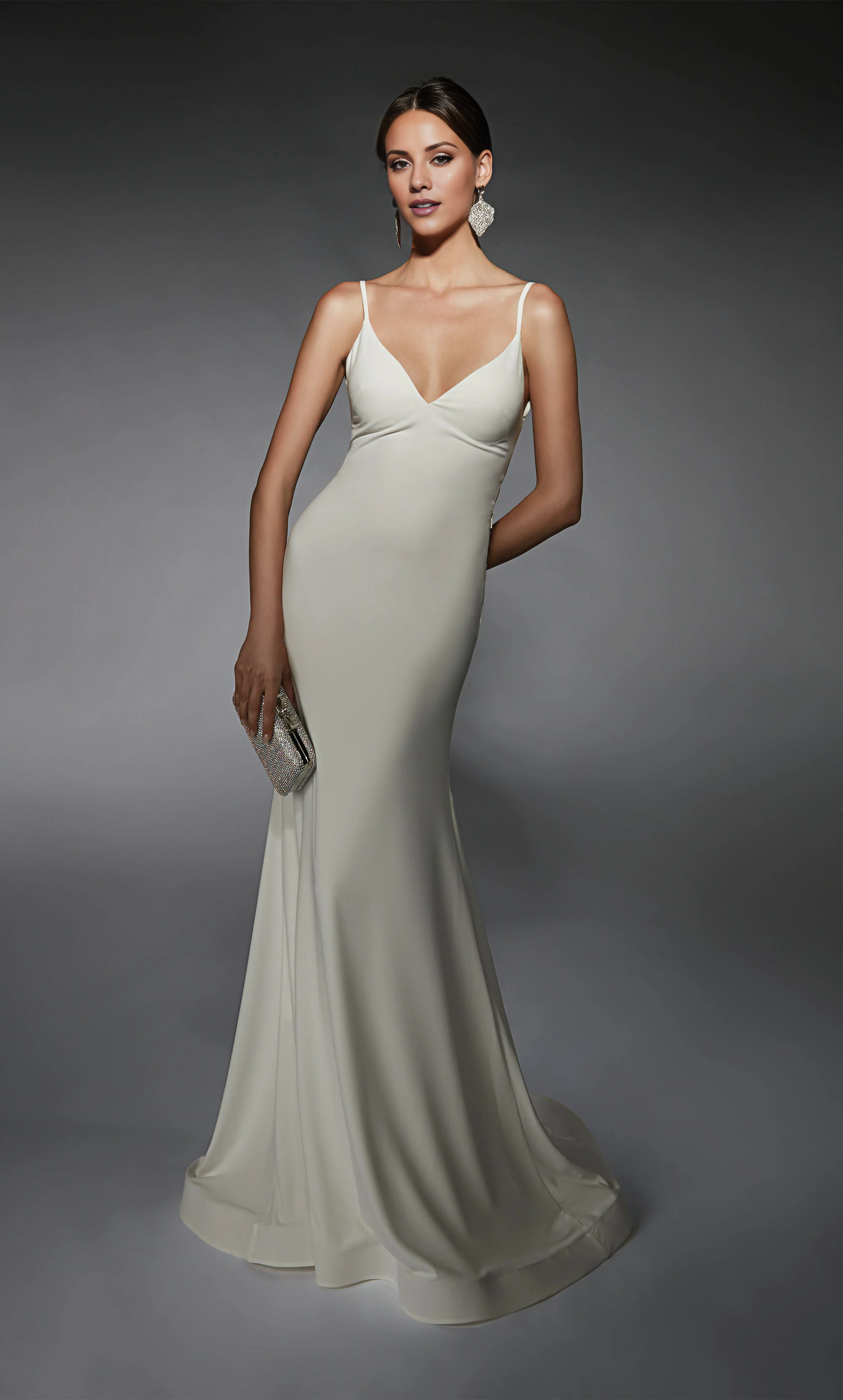 V-neck slim fit trumpet shaped lace up back wedding dress