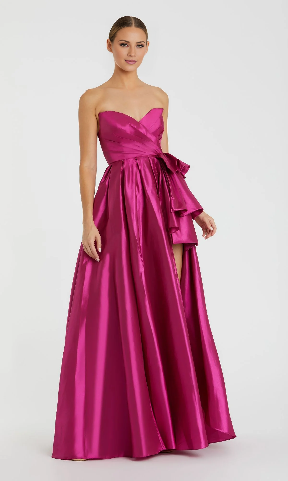 Jimiss off shoulder strapless pleated side slit and floor length evening dress