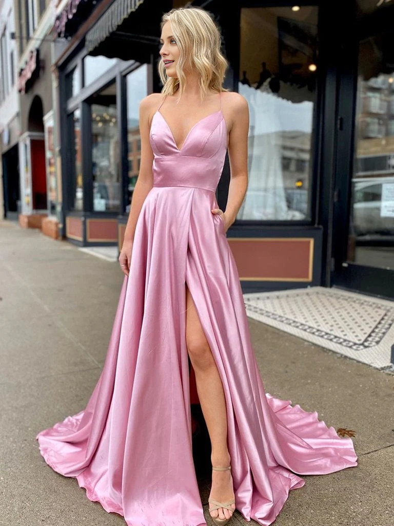 Jimiss A-line V-neck satin long ball gown with high slit backless Prom dress