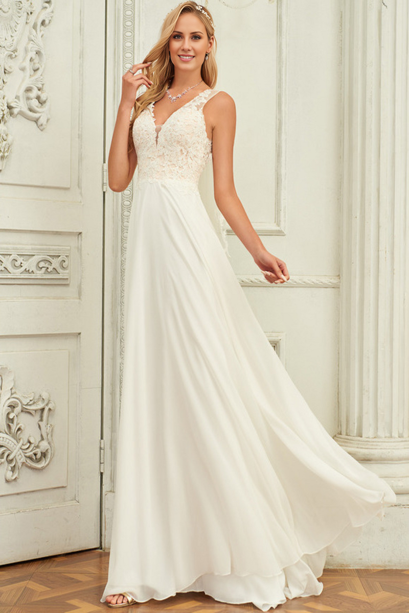 A-line V-neck sweeping trailing sleeveless lace chiffon wedding dress