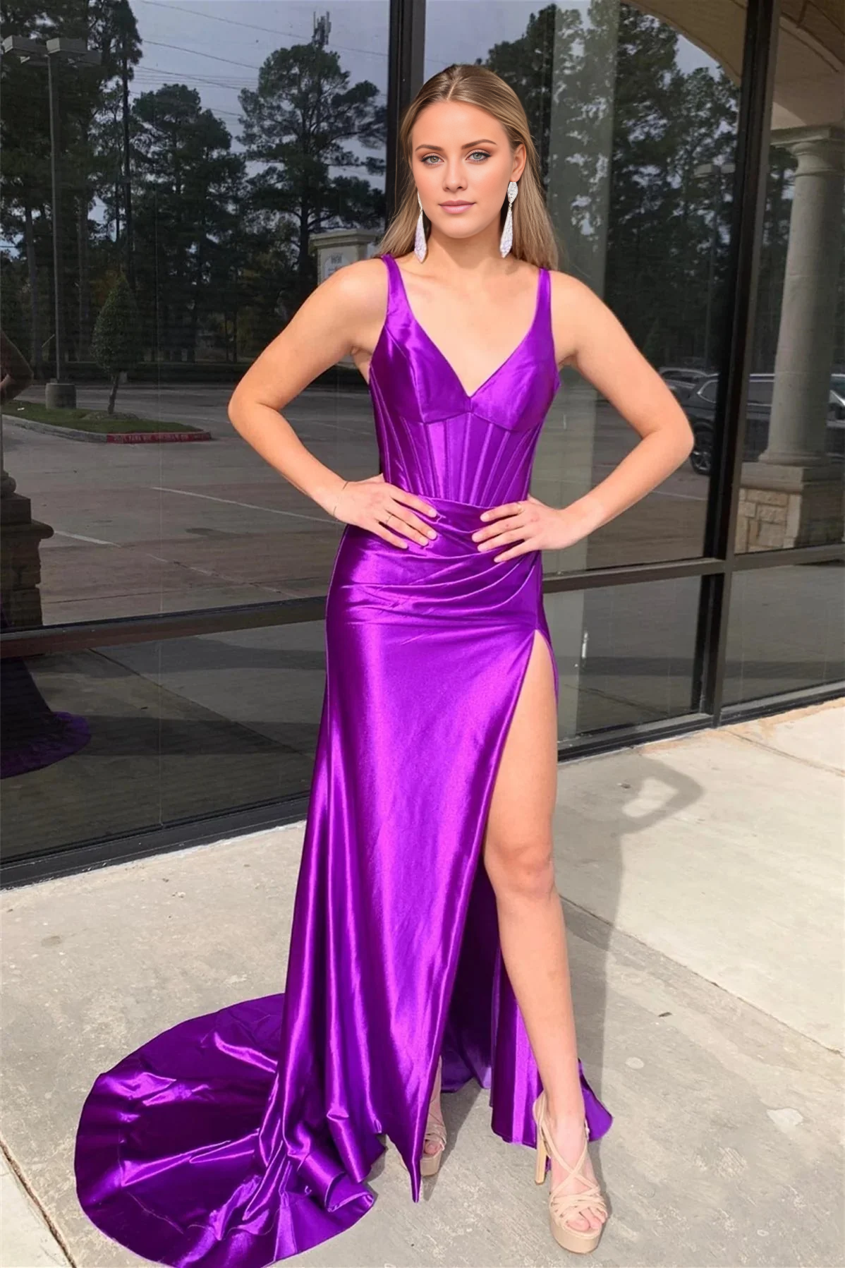 Jimiss mermaid satin V-neck slit and floor length Prom dress