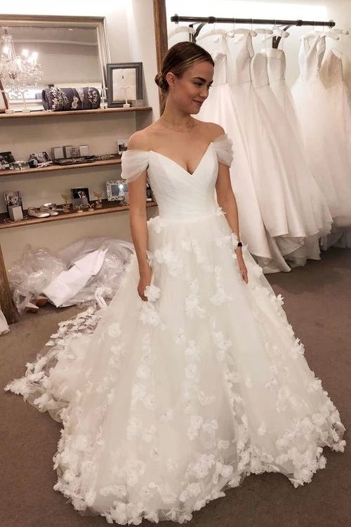 3D Flowers A Line Tulle Off The Shoulder Wedding Dress