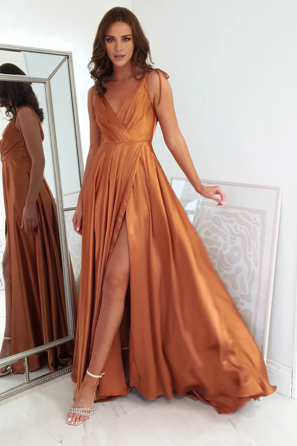 Thin shoulder strap V-neck open back side slit and floor length Prom dress - Jimiss Dress
