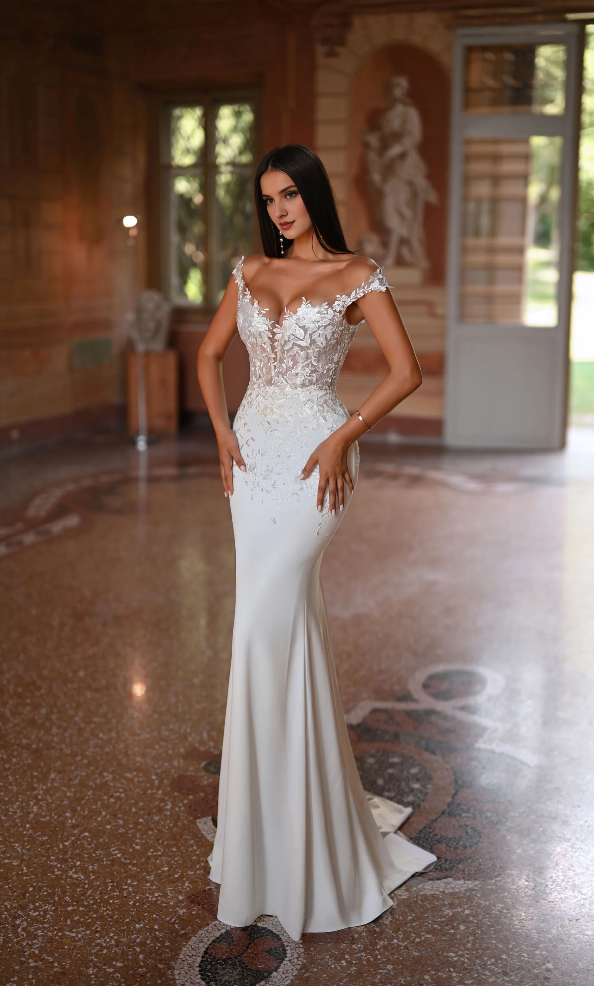Perfect satin off shoulder slim fit trumpet shaped transparent lace tight corset wedding dresses