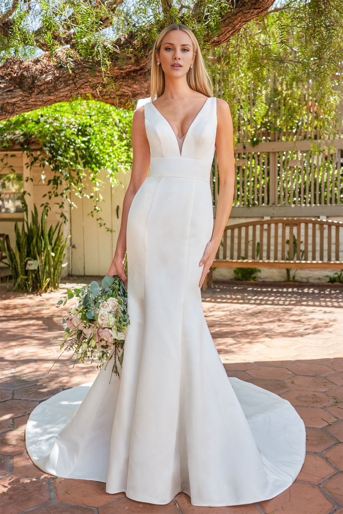 Satin deep V-neck slim fit horn and floor length wedding dress