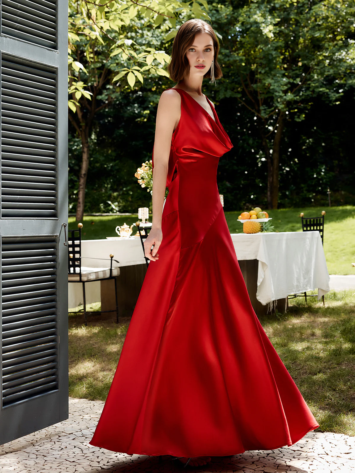 Pleated backless satin vest long gowns even dresses