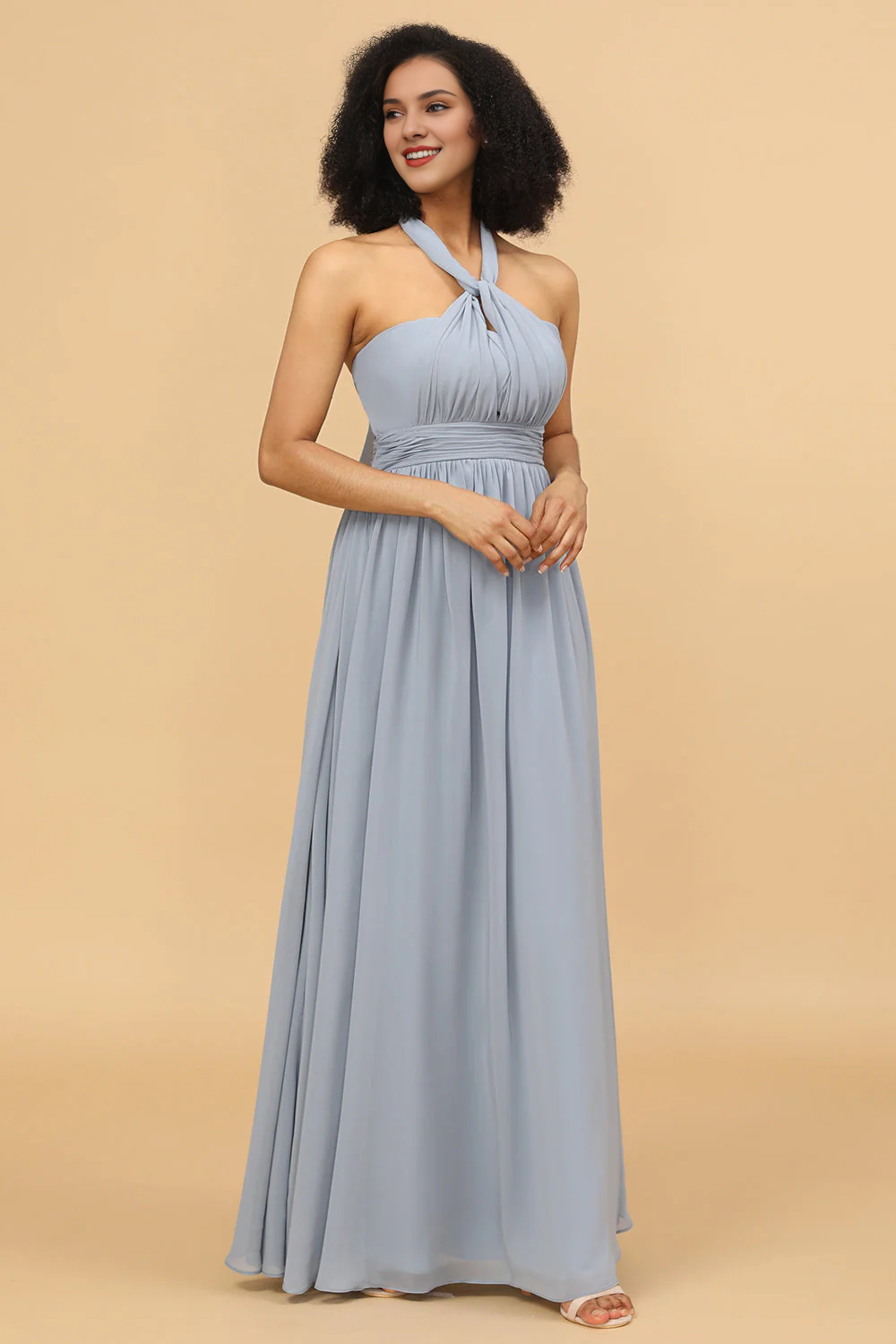 Grey blue A Line long chiffon bridesmaid dress with multiple dressing styles