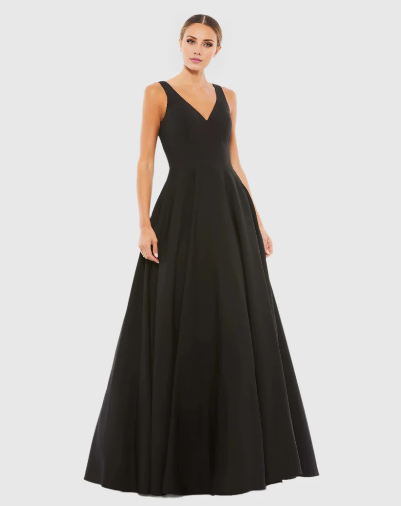 A-line V-neck black sleeveless floor-length evening dress