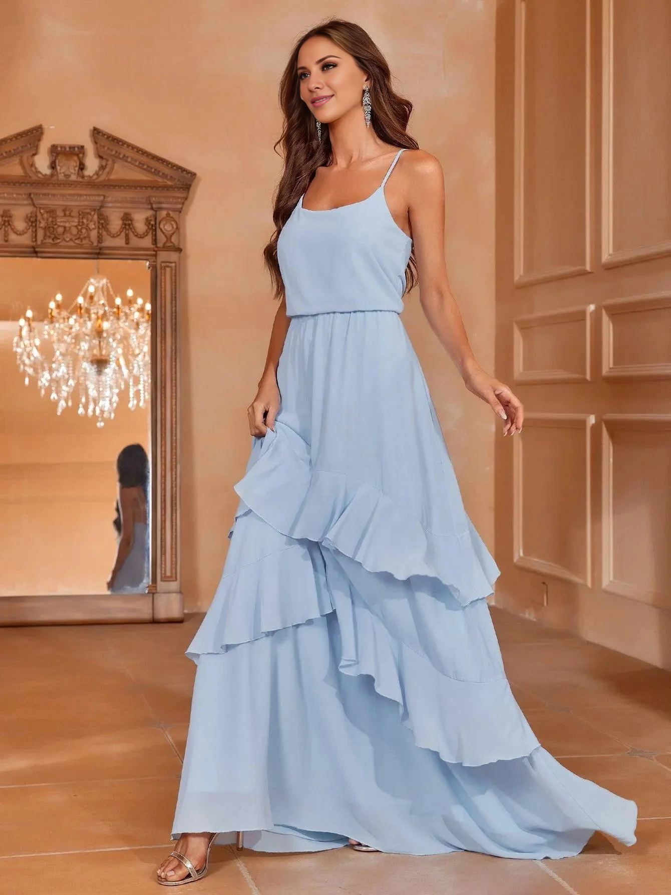 A-line layered hem chiffon thin shoulder strap and floor length formal dress