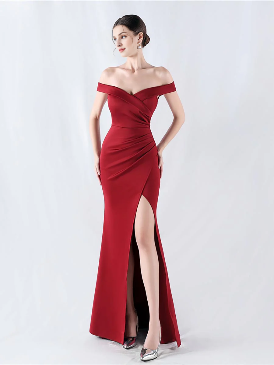 Off shoulder pleated slit and floor length gown evening dresses