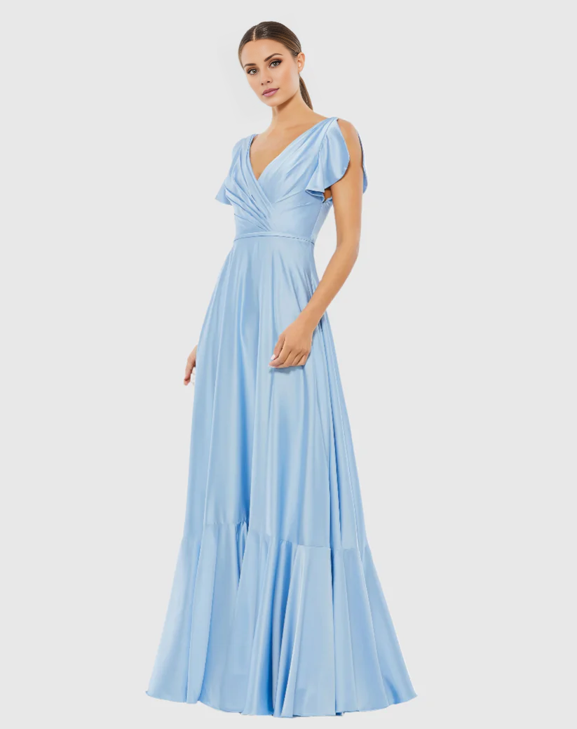 V-neck short-sleeved satin ruffle floor-length evening dress