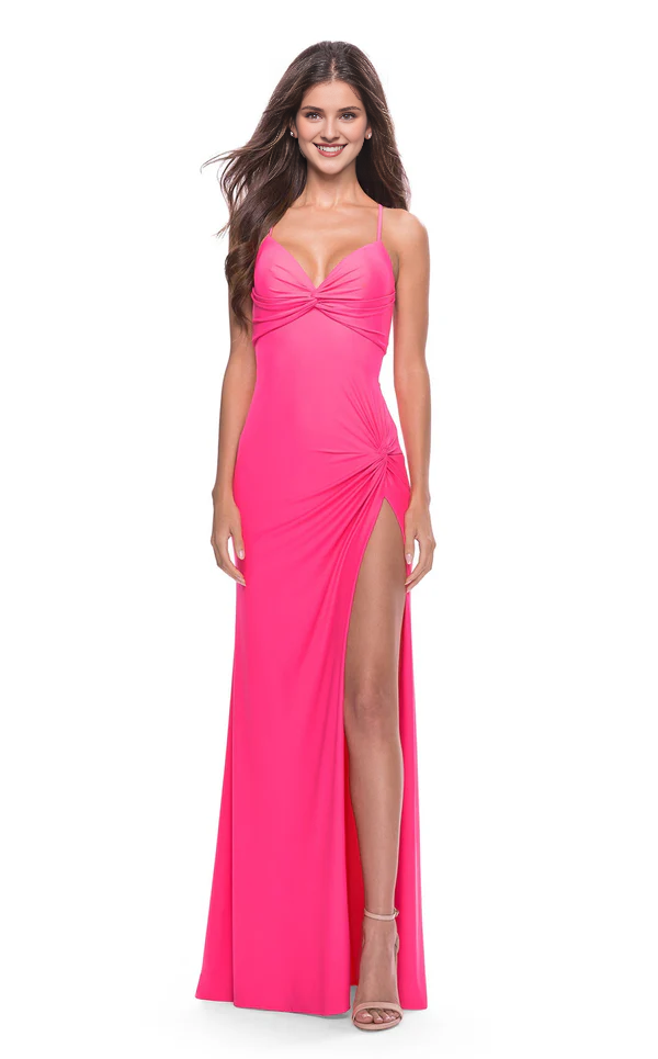 Thin shoulder strap deep V-neck exposed back side slit and floor length evening dress