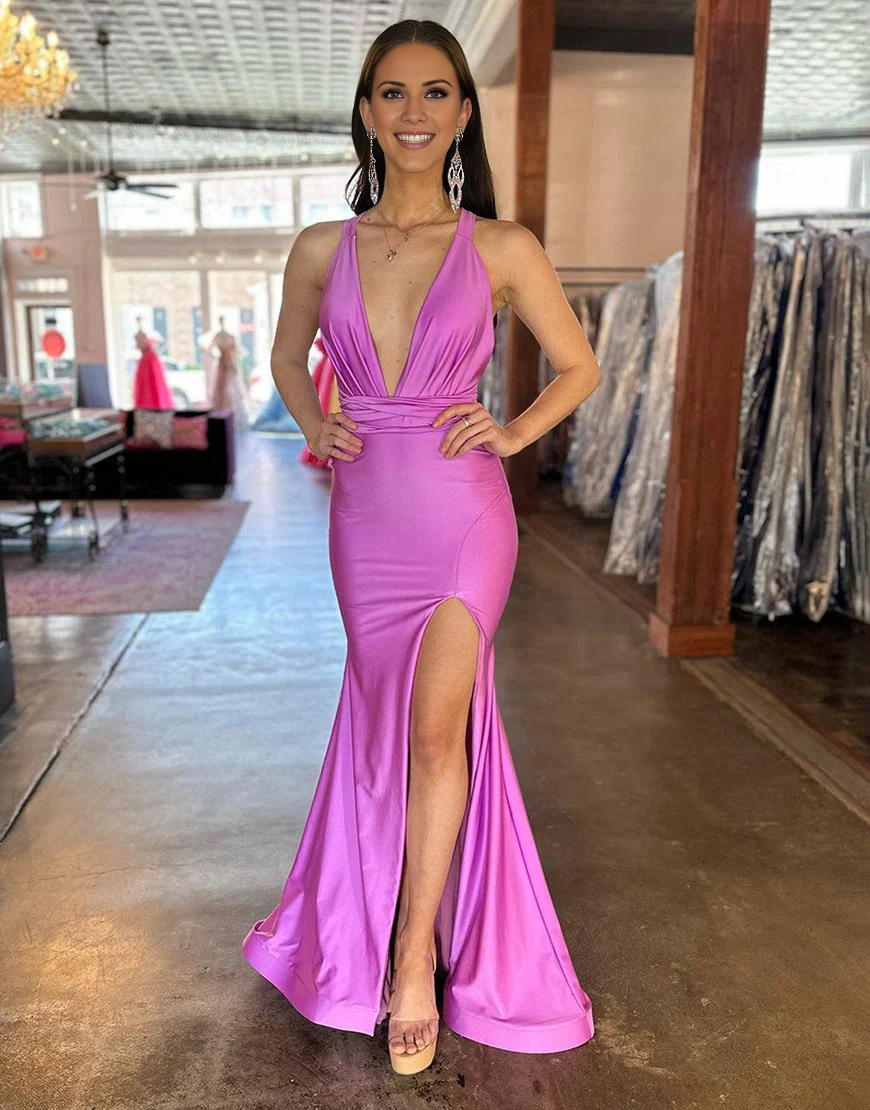Jimiss deep V-neck cross back long satin slit Prom dress